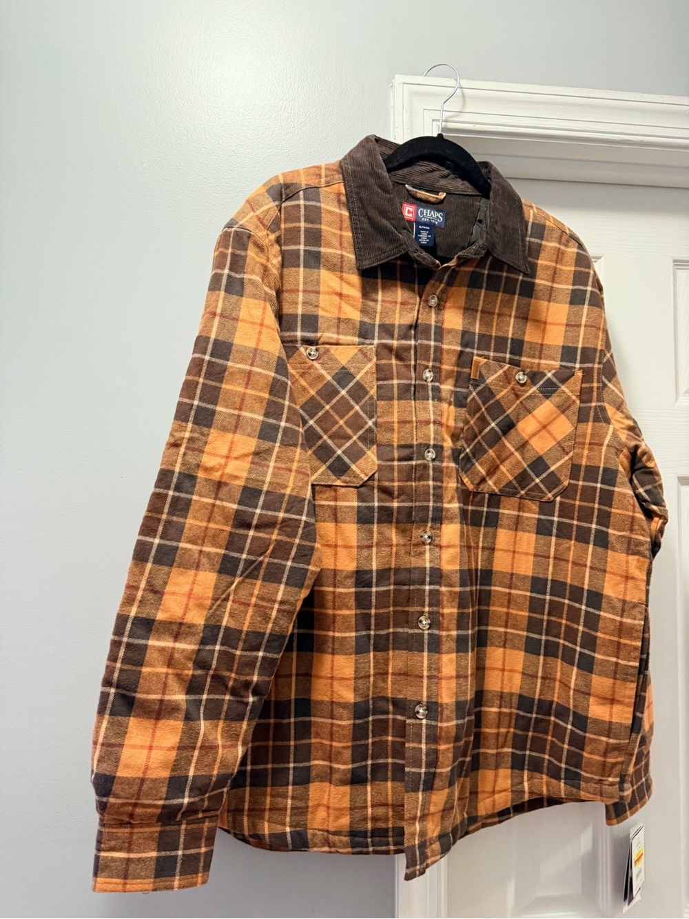 Chaps Men’s Orange and Brown Plaid Shirt Jacket with Corduroy Collar